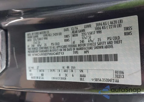 2017 Ford Escape Se z USA, uszkodzony, nr VIN 1FMCU0GD7HUC45713